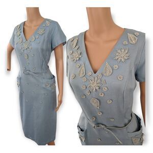 60s Blue Linen Dress Rhinestone Vintage L 38 Bust… - image 1